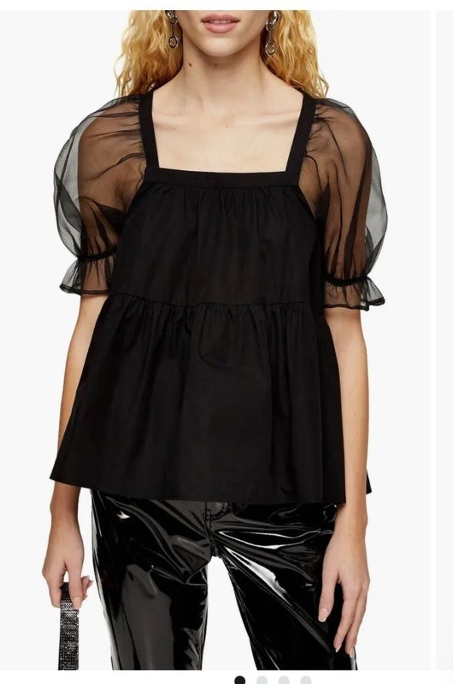 Topshop Black Sheer Puff Sleeve Blouse Tie Back Neck Sz 4